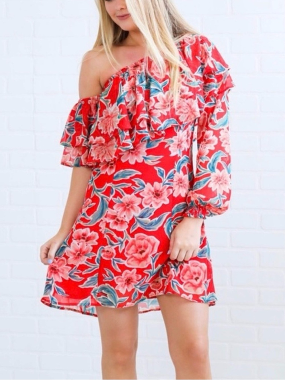 Show Me Your MuMu One-Shoulder Red Floral Ruffle Dress